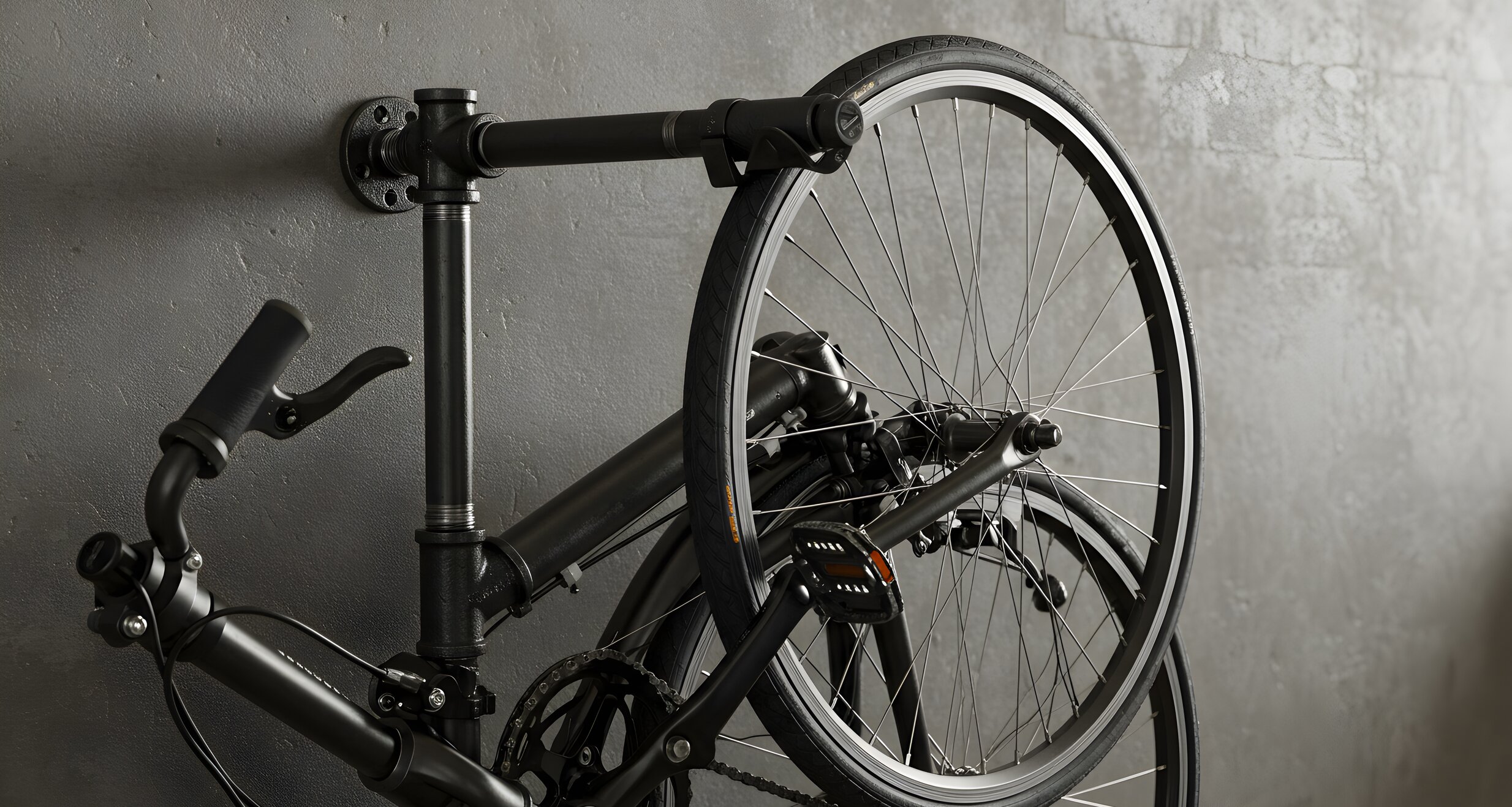 Foldable bicycle with visible components against grey wall