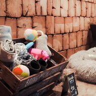 Wooden crate filled with dog toys and blankets. | © TIEBER