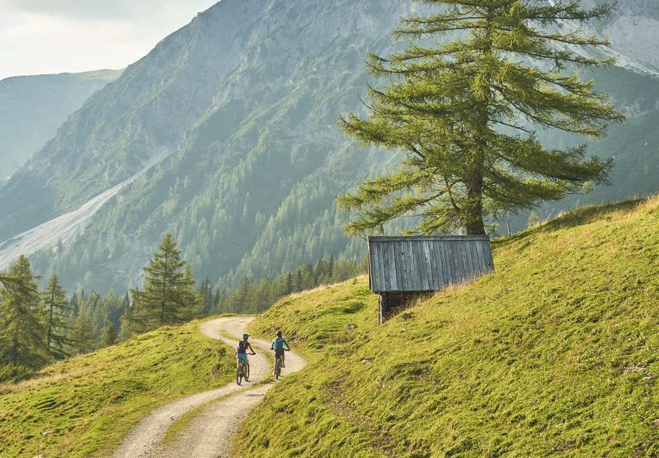 Two cyclists ride along a winding mountain path.