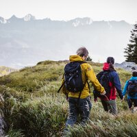 Group of hikers with backpacks crossing grassy hillside toward mountains | © Sebastian Stiphout