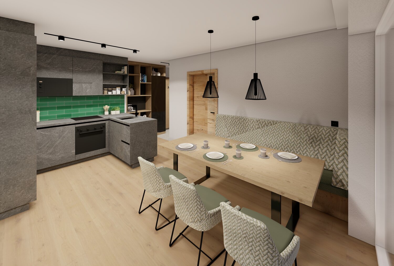 Modern kitchen with gray cabinetry, green tile backsplash, and dining area