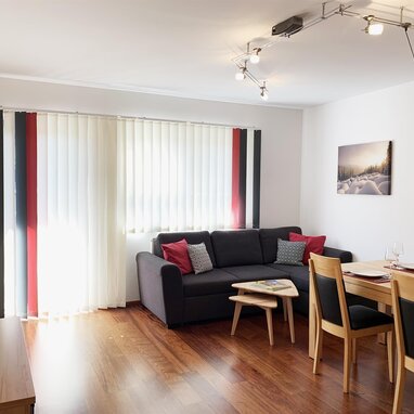 Bright living room with sofa and dining area