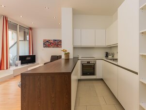 Offene Küche mit weißen Schränken und Insel, Wohnbereich