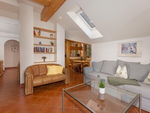 Bright living room with skylight, sofas, and shelves