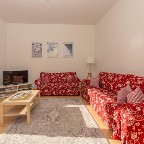 Living room with red floral sofas, TV, and posters.