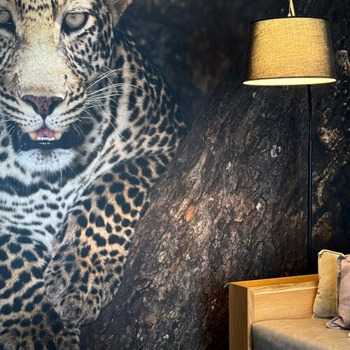 Leopard mural beside modern living room furniture