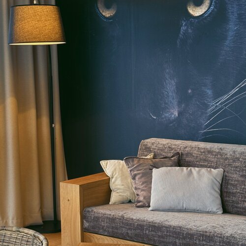 Living room with dark blue wall and cat mural