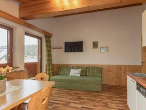 Wohnzimmer mit großen Fenstern, grünem Sofa und Lieblingsplatz-Kissen.