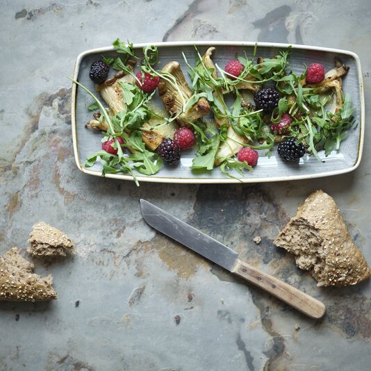 Rectangular plate with roasted mushrooms, arugula, and berries on a rustic surface. | © RAPHAELGABAUER.COM