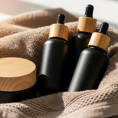 Satz schwarzer Glasflaschen mit Holzdeckeln auf einem Handtuch